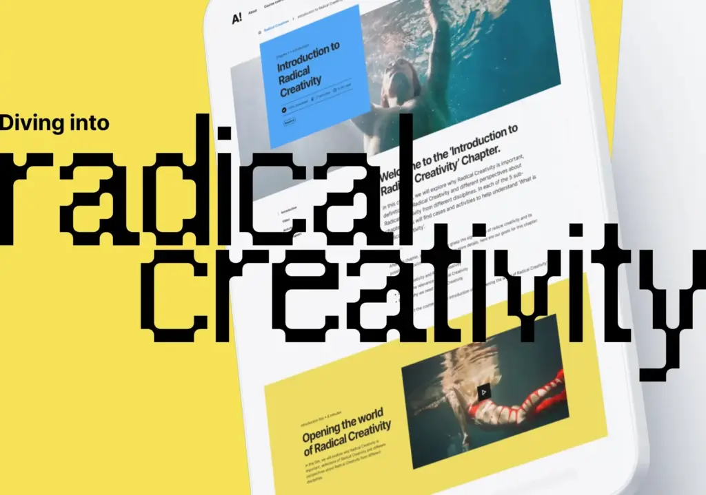 Aalto-yliopiston Radical Creativity -oppimisalusta tabletin näytöllä.